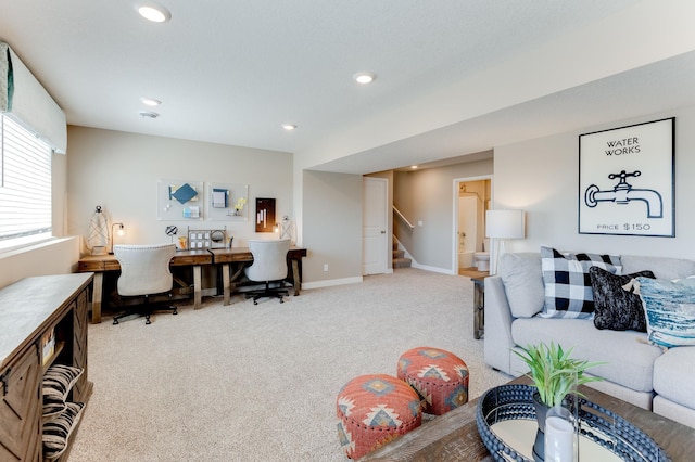 living room with light colored carpet