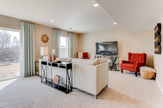 carpeted living room featuring a textured ceiling and plenty of natural light