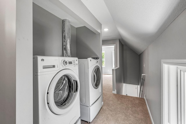 1415 Galtier St, Saint Paul, MN 55117 - laundry area featuring carpet, independent washer and dryer, recessed lighting, baseboards, and a textured ceiling