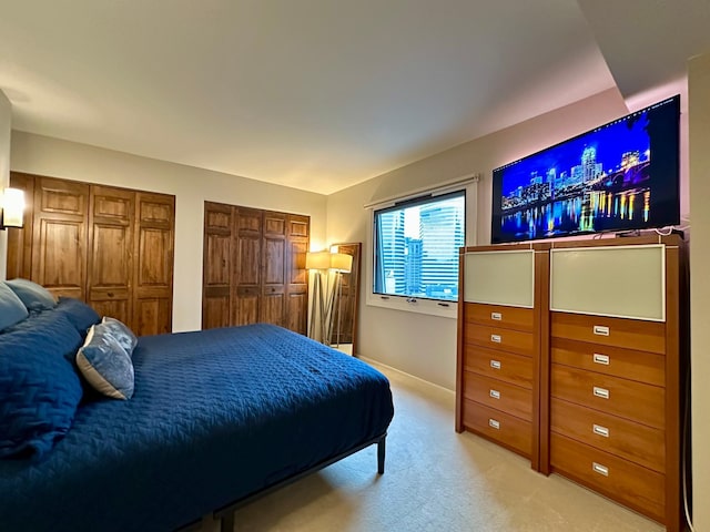 carpeted bedroom with multiple closets