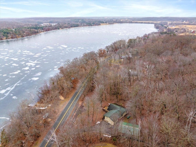 drone / aerial view featuring a water view