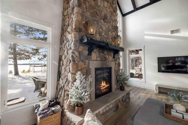 living room with high vaulted ceiling, light hardwood / wood-style flooring, a healthy amount of sunlight, and a fireplace