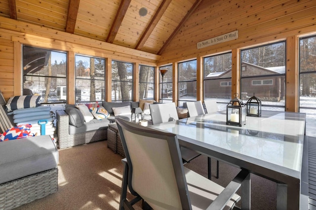 sunroom with wooden ceiling and vaulted ceiling with beams