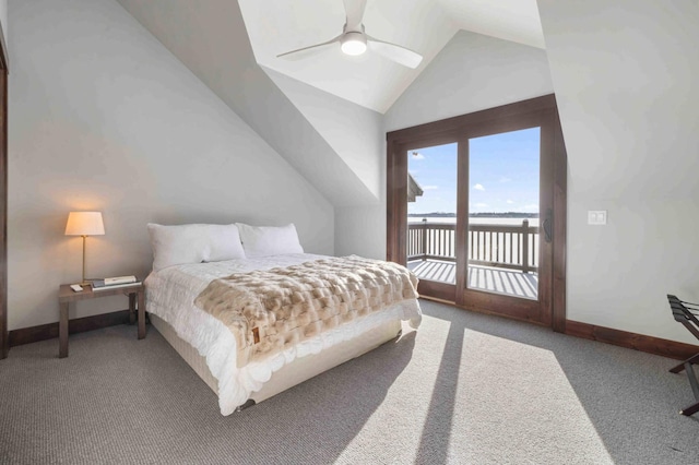 carpeted bedroom featuring access to outside, ceiling fan, vaulted ceiling, and a water view