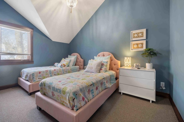 carpeted bedroom featuring vaulted ceiling