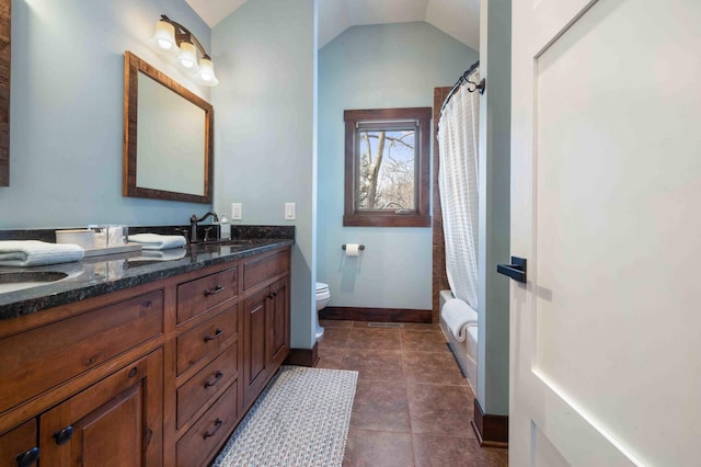 full bathroom with toilet, lofted ceiling, vanity, and shower / bathtub combination with curtain