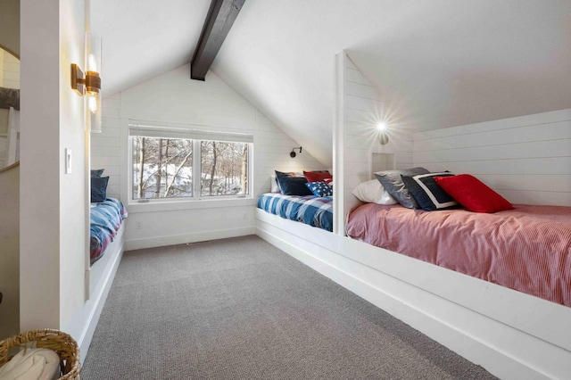 bedroom with carpet flooring and vaulted ceiling with beams