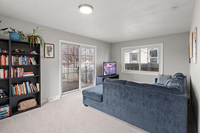 carpeted living room with a textured ceiling