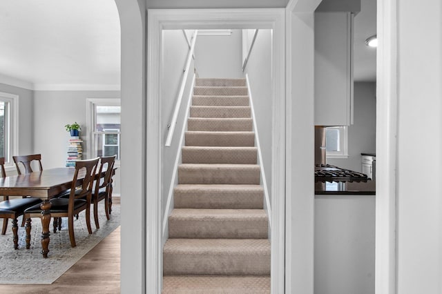 staircase featuring crown molding and wood-type flooring