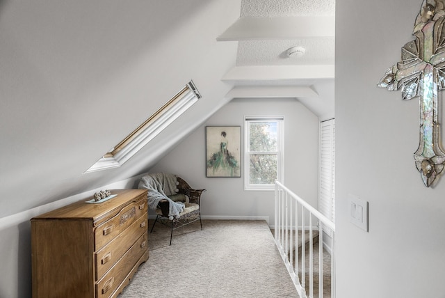 additional living space with lofted ceiling with skylight, light colored carpet, a textured ceiling, and baseboards