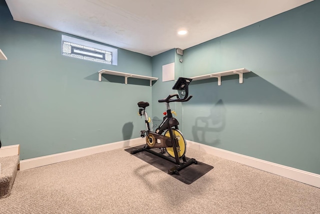 workout room featuring carpet flooring