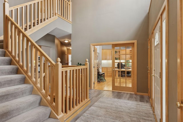 entrance foyer featuring a towering ceiling and light hardwood / wood-style floors