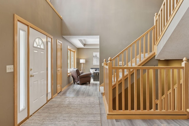 foyer with light hardwood / wood-style flooring and a high ceiling