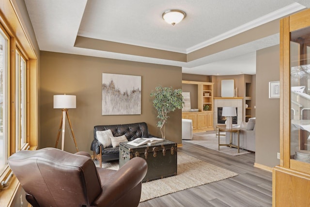 living room with ornamental molding, a raised ceiling, light hardwood / wood-style floors, and a tile fireplace