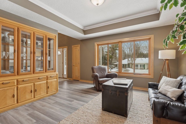 living room with crown molding, a raised ceiling, light hardwood / wood-style floors, and a textured ceiling