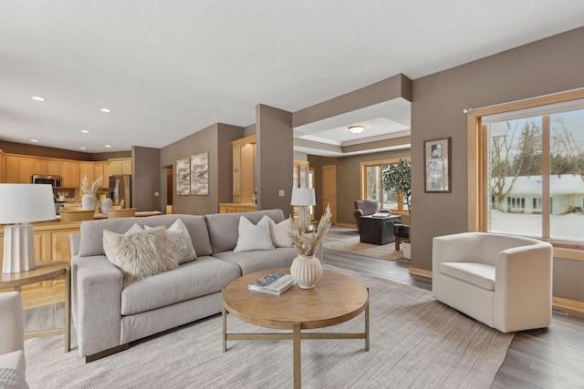 living room with light hardwood / wood-style floors