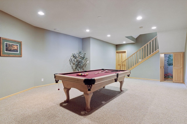 rec room featuring carpet and billiards