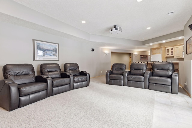 cinema room with light colored carpet