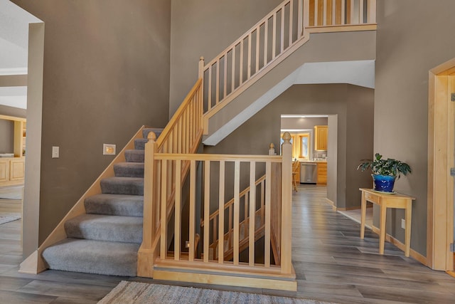 5061 Oxbow Pl, Champlin, MN 55316 - staircase featuring wood finished floors and a high ceiling