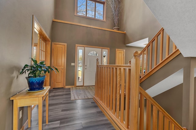 5061 Oxbow Pl, Champlin, MN 55316 - foyer entrance with a high ceiling, wood finished floors, and stairs