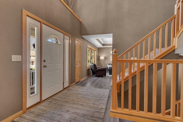 5061 Oxbow Pl, Champlin, MN 55316 - foyer entrance with stairs, wood finished floors, and a skylight