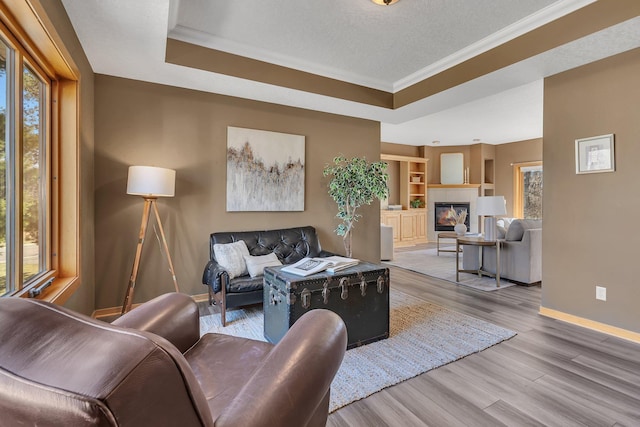 5061 Oxbow Pl, Champlin, MN 55316 - living area with healthy amount of natural light, wood finished floors, a tray ceiling, and ornamental molding