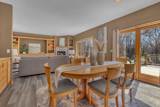 5061 Oxbow Pl, Champlin, MN 55316 - dining room with light wood-type flooring, a tile fireplace, and built in features