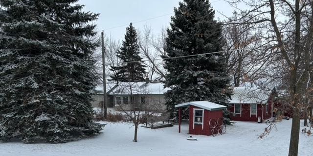 yard covered in snow with a shed