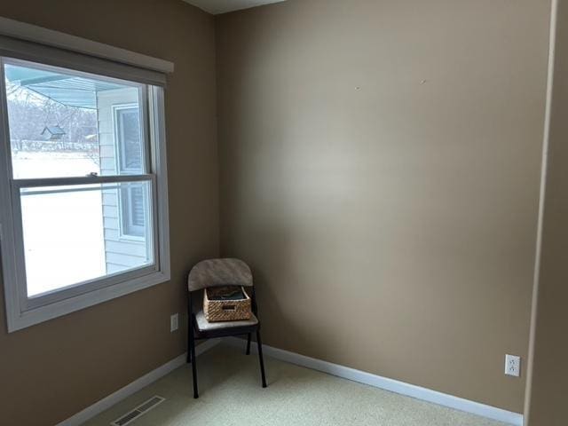 unfurnished room featuring light colored carpet