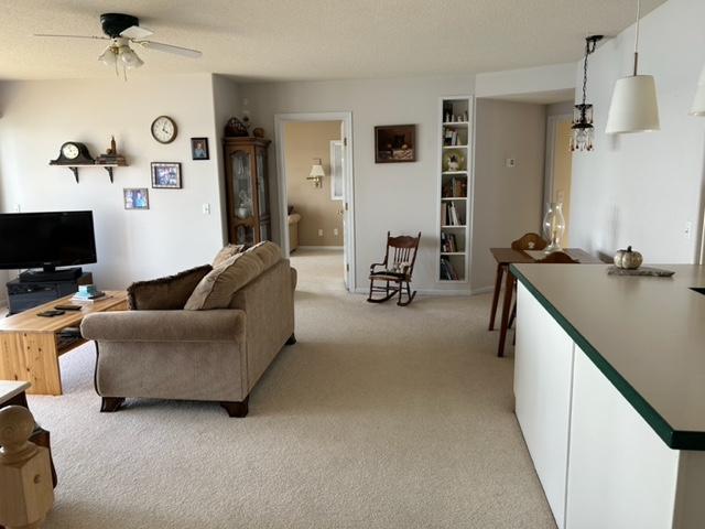 living room featuring ceiling fan, light colored carpet, baseboards, and built in shelves