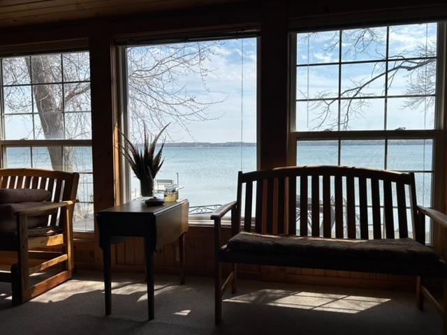 interior space featuring a water view