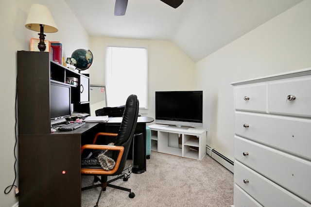 office area featuring ceiling fan, vaulted ceiling, light carpet, and a baseboard radiator