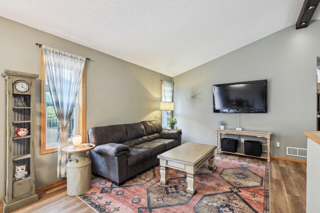 living room with a textured ceiling, lofted ceiling, and hardwood / wood-style flooring