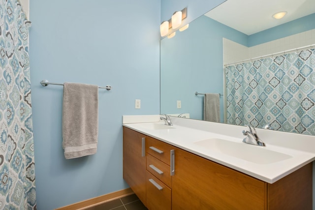 bathroom featuring tile patterned flooring, vanity, and walk in shower