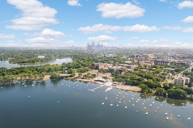 drone / aerial view with a water view