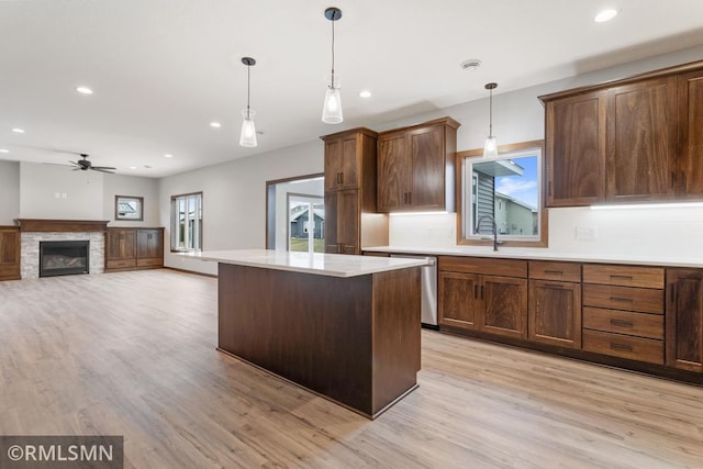 kitchen featuring a glass covered fireplace, light wood-type flooring, ceiling fan, and stainless steel dishwasher