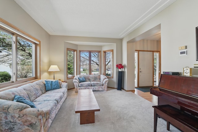 living area with baseboards and light carpet