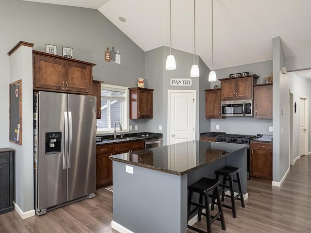 kitchen featuring a center island, sink, hardwood / wood-style flooring, dark brown cabinets, and stainless steel appliances