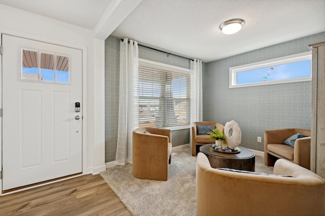 entryway with a wealth of natural light and light hardwood / wood-style flooring