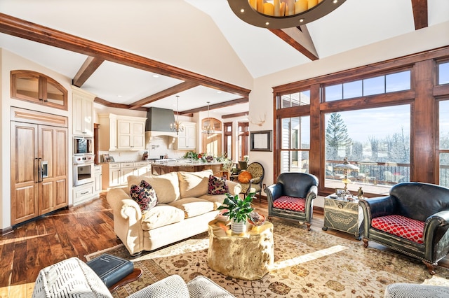 living room featuring lofted ceiling with beams, a chandelier, and dark hardwood / wood-style floors