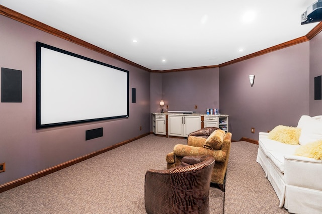 home theater featuring light carpet and crown molding