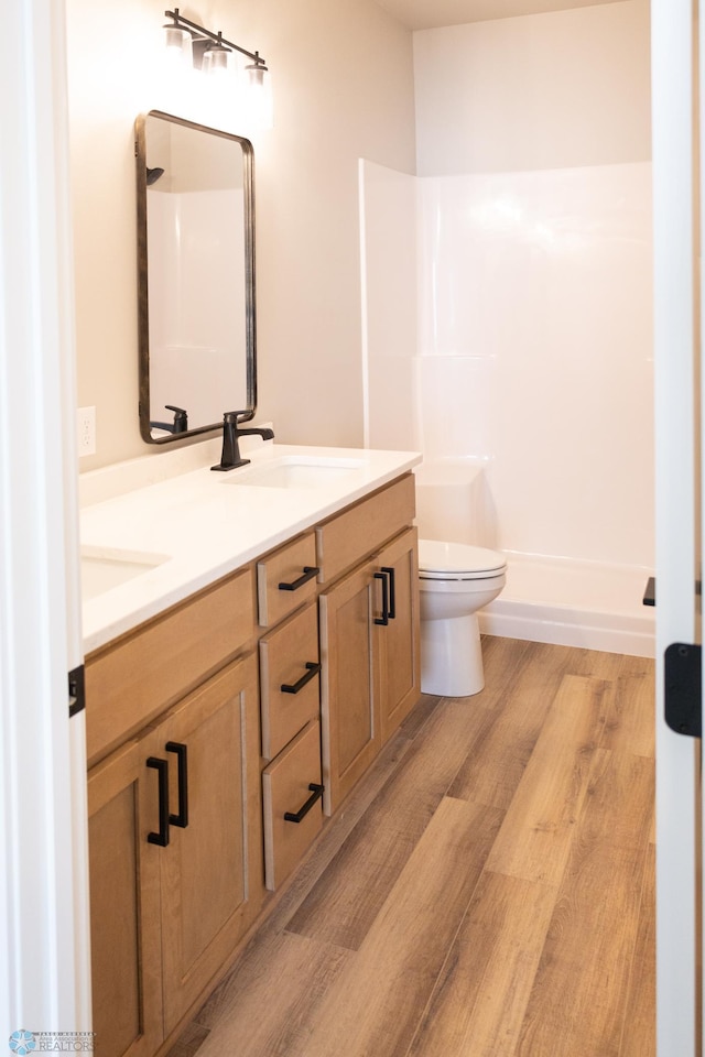 bathroom featuring vanity, toilet, and wood-type flooring