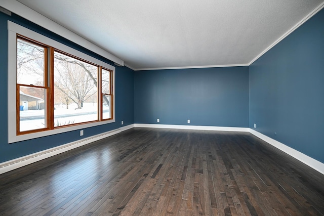 empty room with a textured ceiling, dark hardwood / wood-style floors, ornamental molding, and baseboard heating