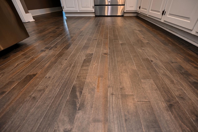 room details with range, dark hardwood / wood-style flooring, and white cabinetry