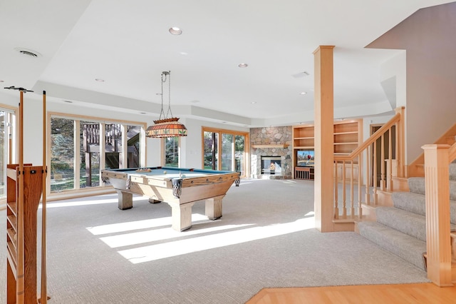 rec room featuring a stone fireplace, recessed lighting, carpet floors, pool table, and visible vents