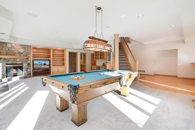 playroom with a stone fireplace, recessed lighting, billiards, carpet flooring, and visible vents