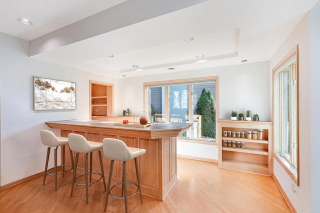 bar with light wood-style floors, a tray ceiling, and baseboards