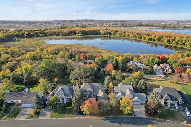 aerial view featuring a water view and a residential view