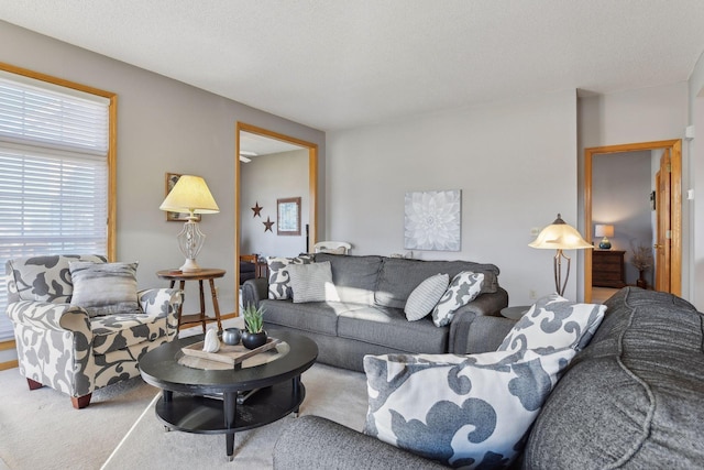 carpeted living room featuring a textured ceiling