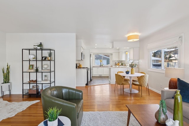 living room featuring light hardwood / wood-style floors and sink